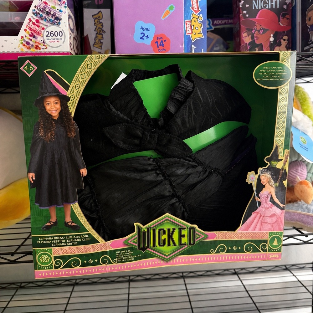 Jakks Wicked Elphaba Costume Kids Size 4-6X Black Dress Cape Hat Set